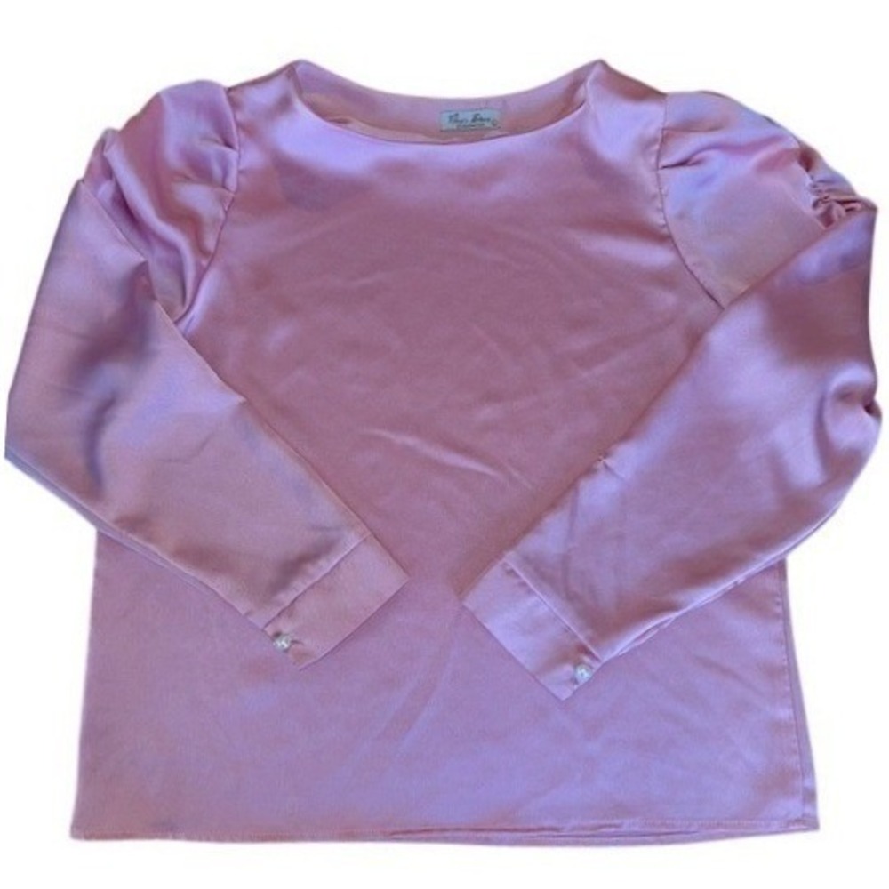 Pink Satin Puff Sleeve Boat Neck Blouse Pearl Button Cuff Long Sleeve‎ Top